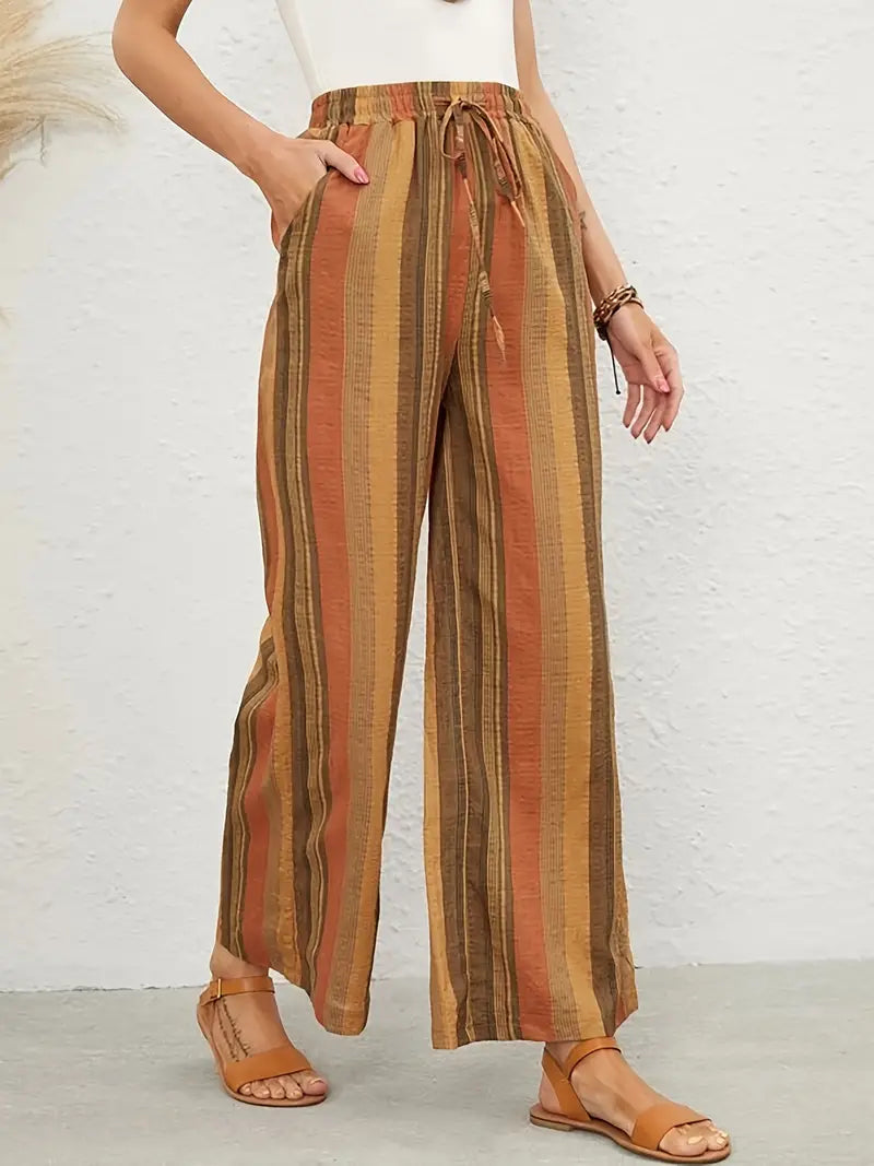 Women's Wide Leg Pants - High Waist Elastic Belt