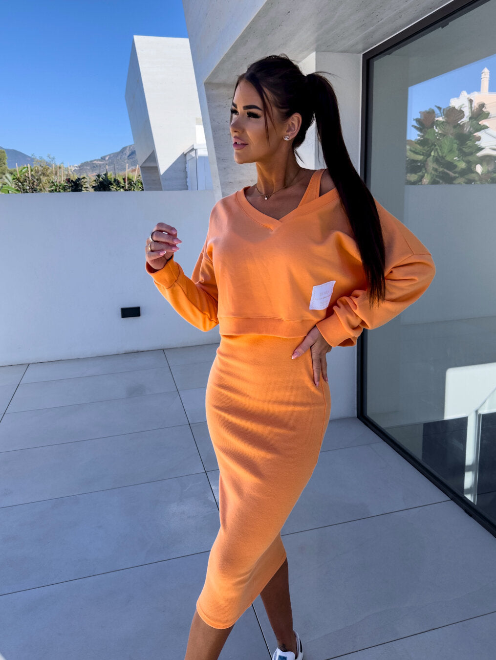 Women's Set - Short Sweatshirt with Off-Shoulder Sleeves & Midi Skirt