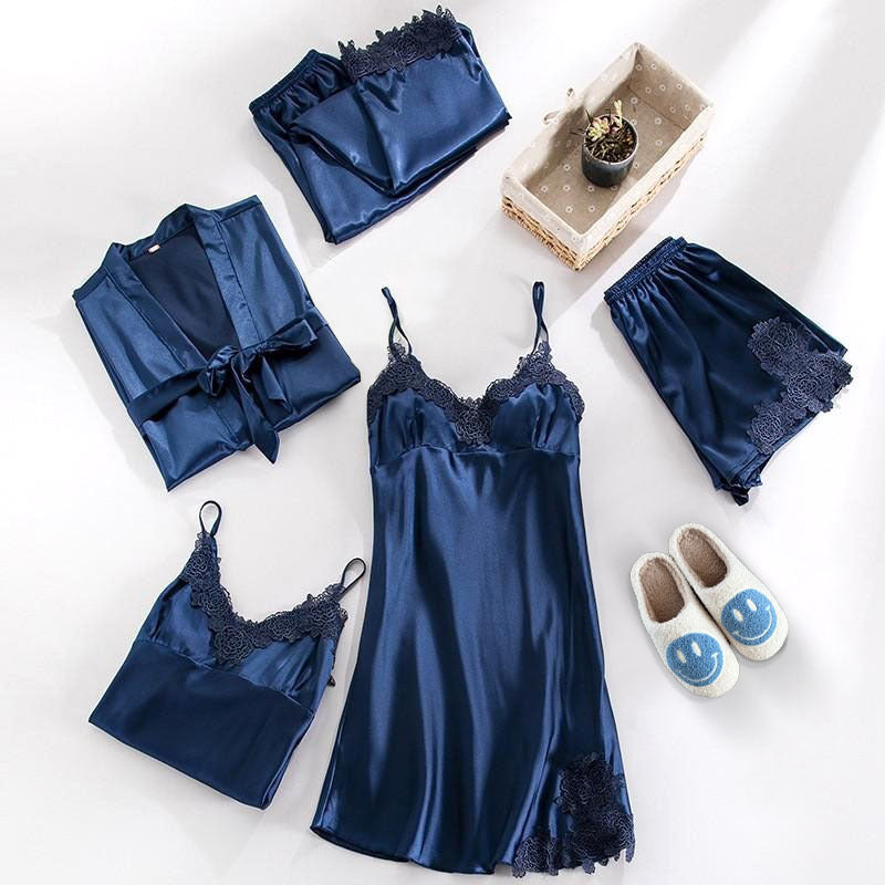 Sophie Elegant Satin Set – 5-Piece Pajama with Lace Details