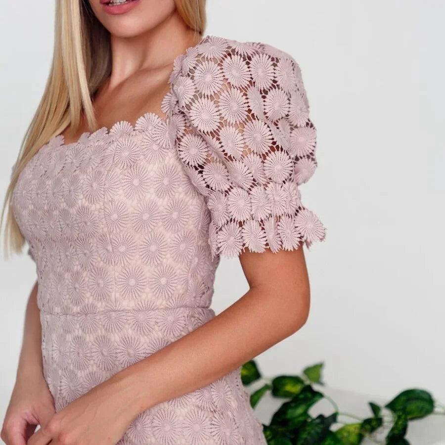 Midi Dress for Women - Off-the-Shoulder and Puff Sleeves