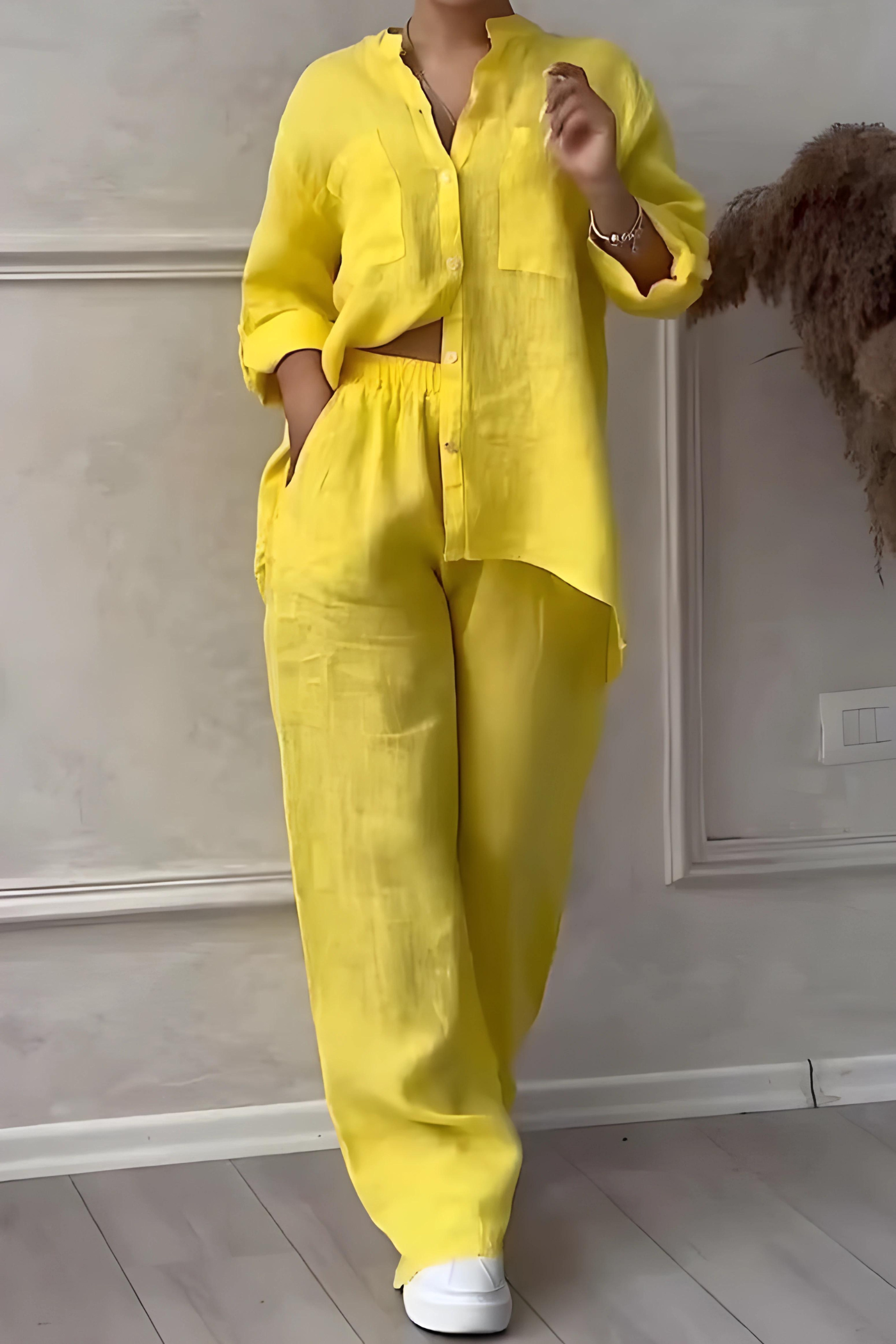Coordinated Women's Set - Button-Up Long Sleeve Shirt & Wide Pants