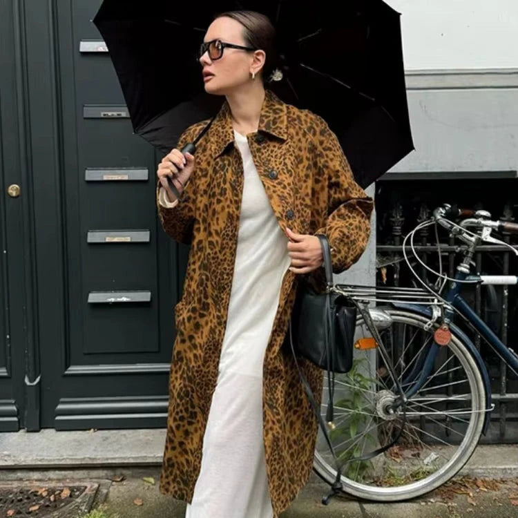 Mid-Length Women's Leopard Print Coat