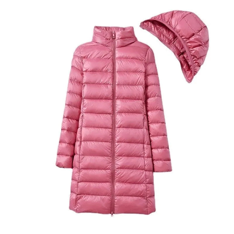 Sophie elegant long down jacket with removable hood