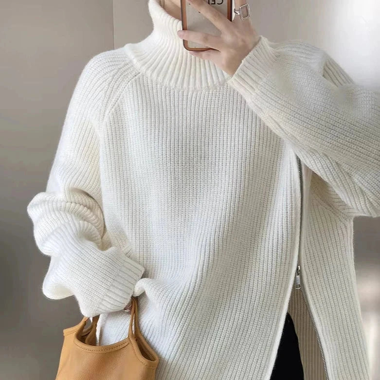 Women's Long Turtleneck Sweater with Zipper