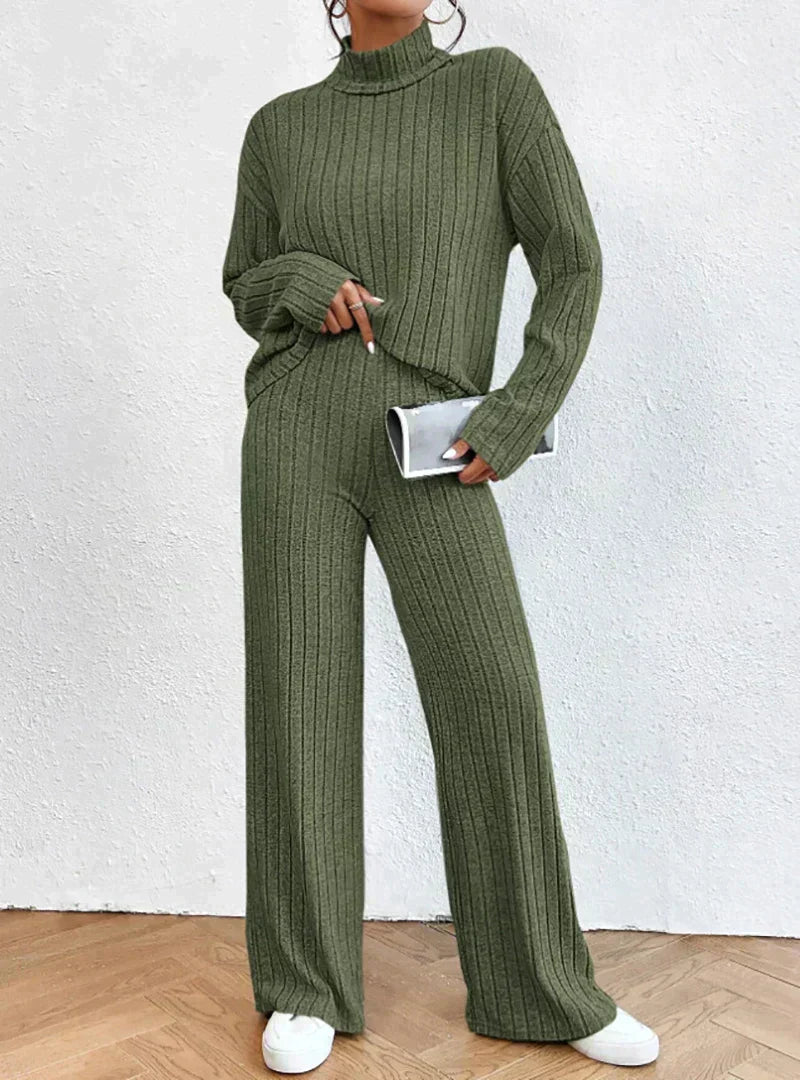 Women's Set - Ribbed Turtleneck Sweater & High-Waisted Wide Leg Pants