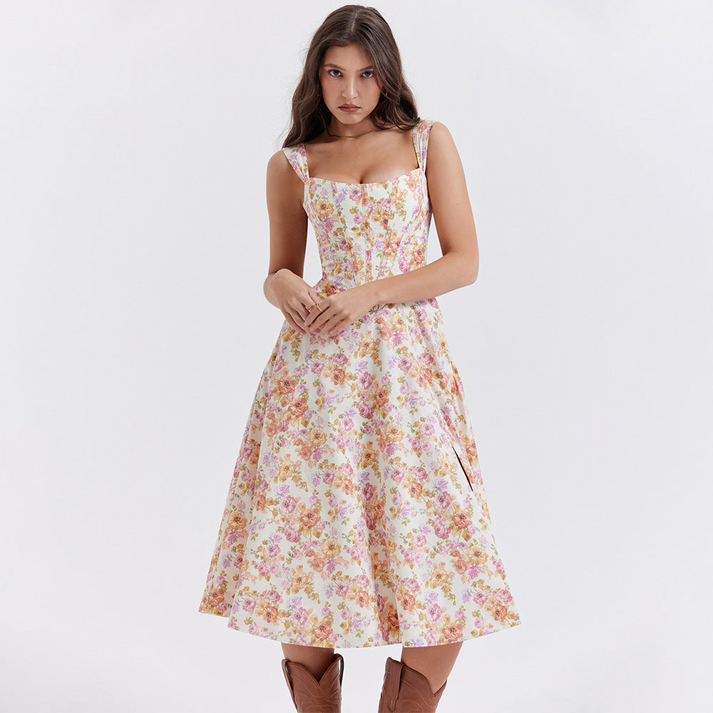 Women's Midi Dress – Fitted Flared Floral