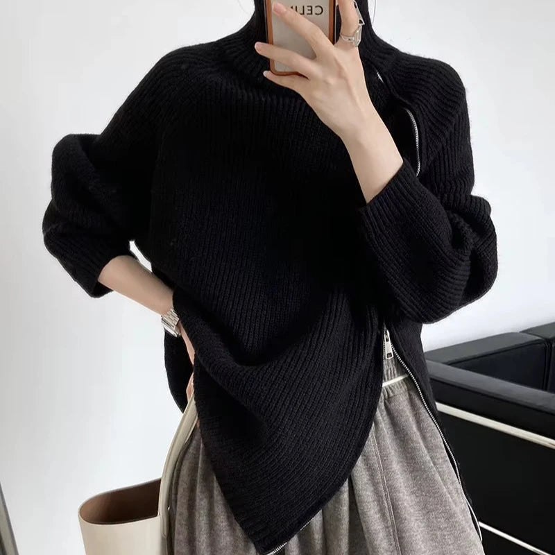 Women's Long Turtleneck Sweater with Zipper