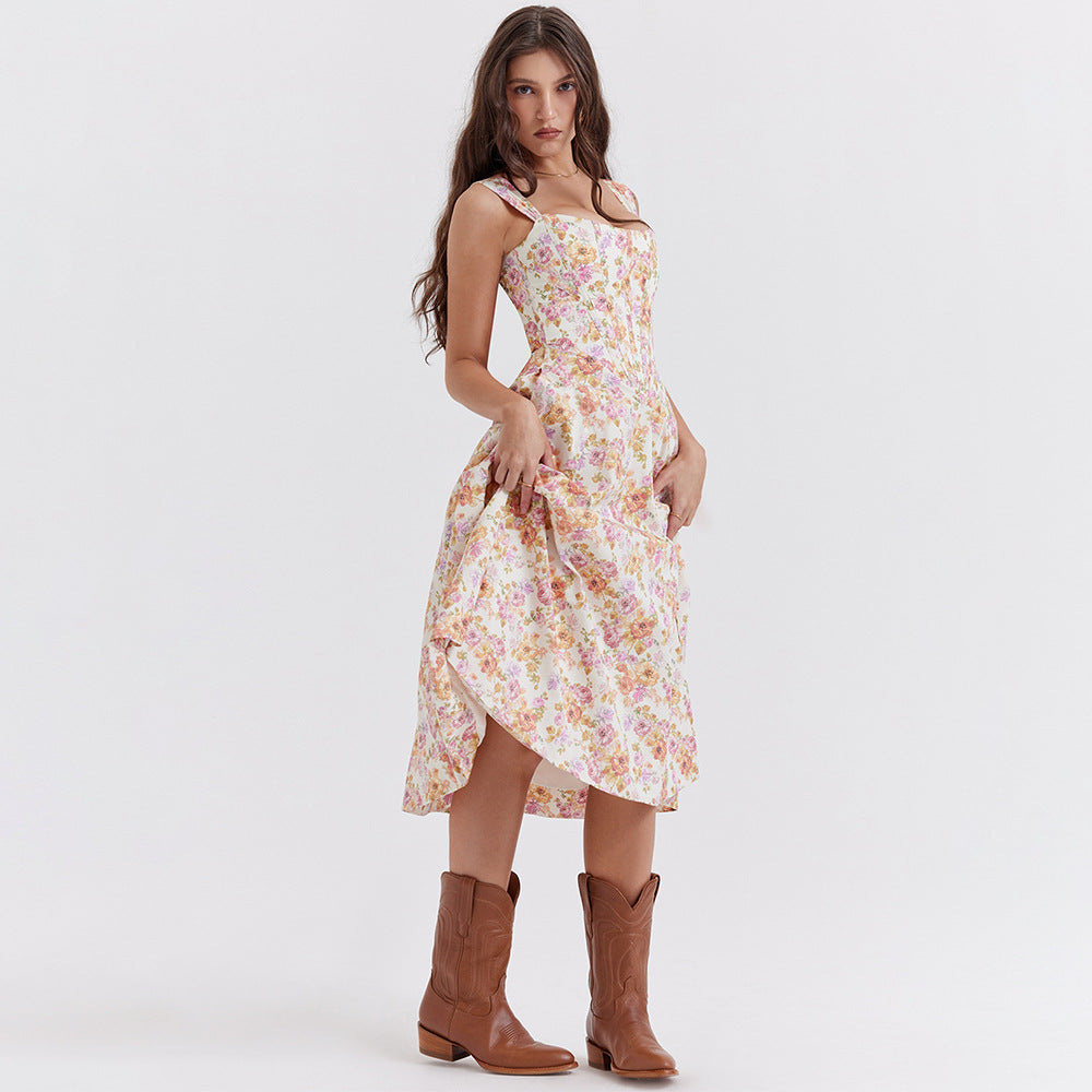 Women's Midi Dress – Fitted Flared Floral