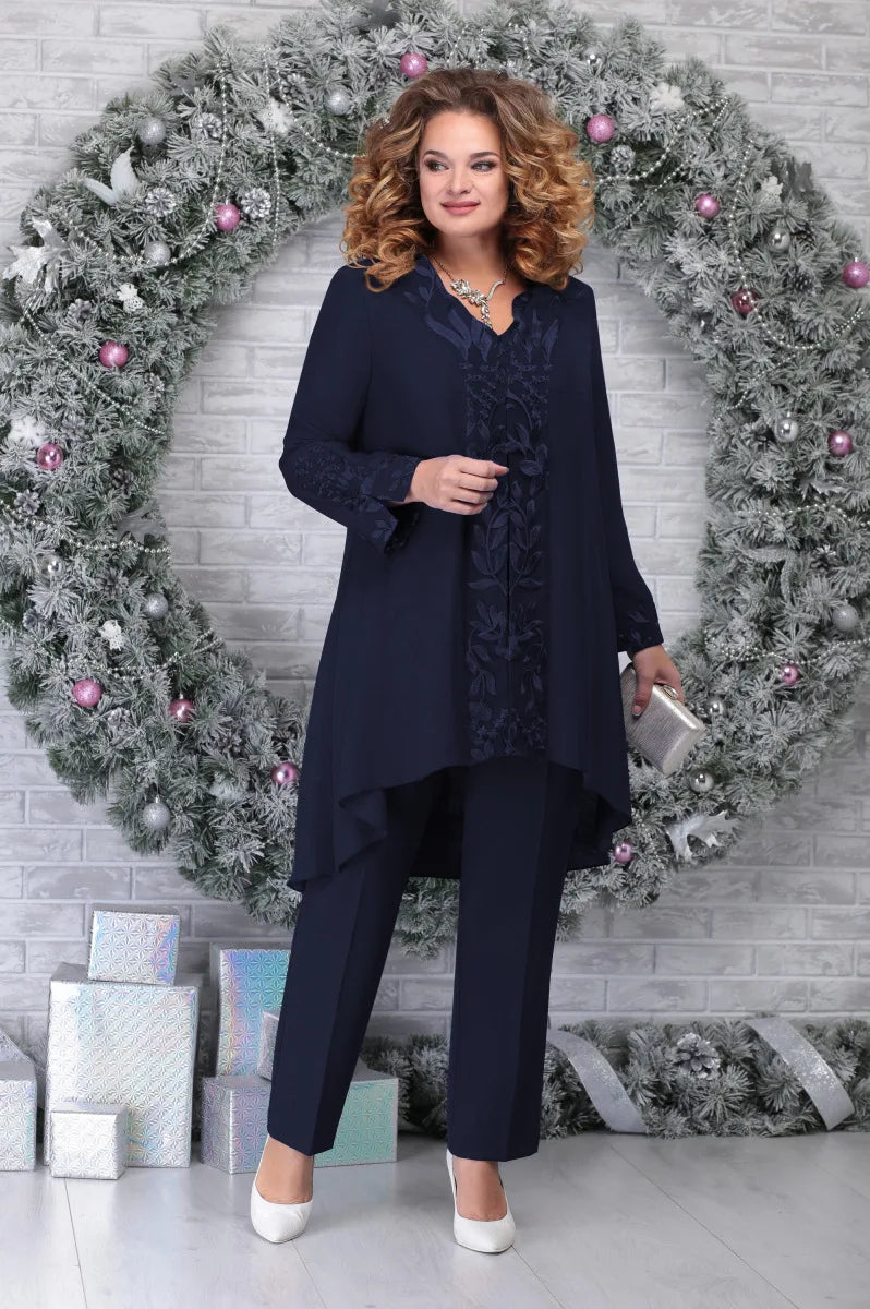 Elegant Women's Set - Embroidered Long Tunic & Straight Pants