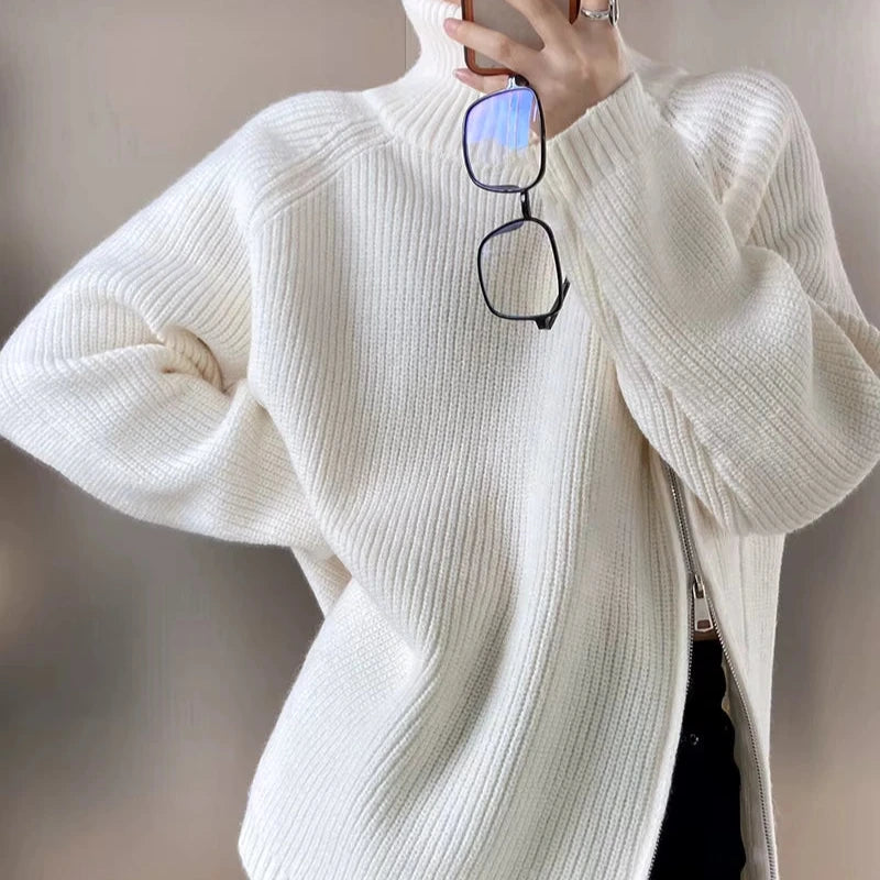Women's Long Turtleneck Sweater with Zipper