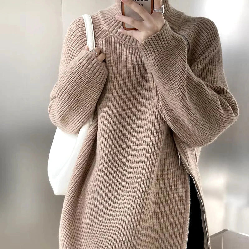 Women's Long Turtleneck Sweater with Zipper