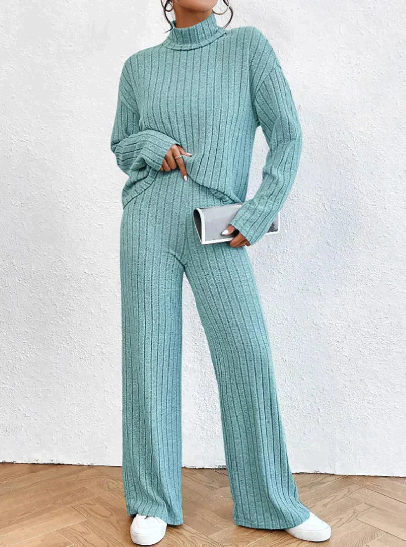 Women's Set - Ribbed Turtleneck Sweater & High-Waisted Wide Leg Pants