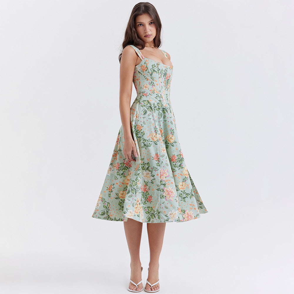 Women's Midi Dress – Fitted Flared Floral