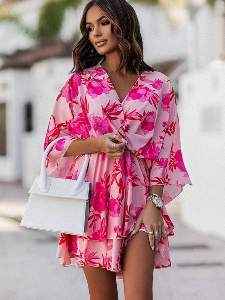 Women's Dress - Fluid Cut - V-Neck Wrap - Flared Sleeves