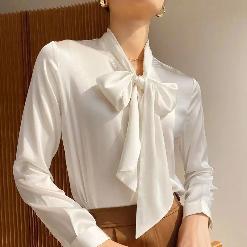 Women's Blouse - Long Sleeves Bow at the Collar