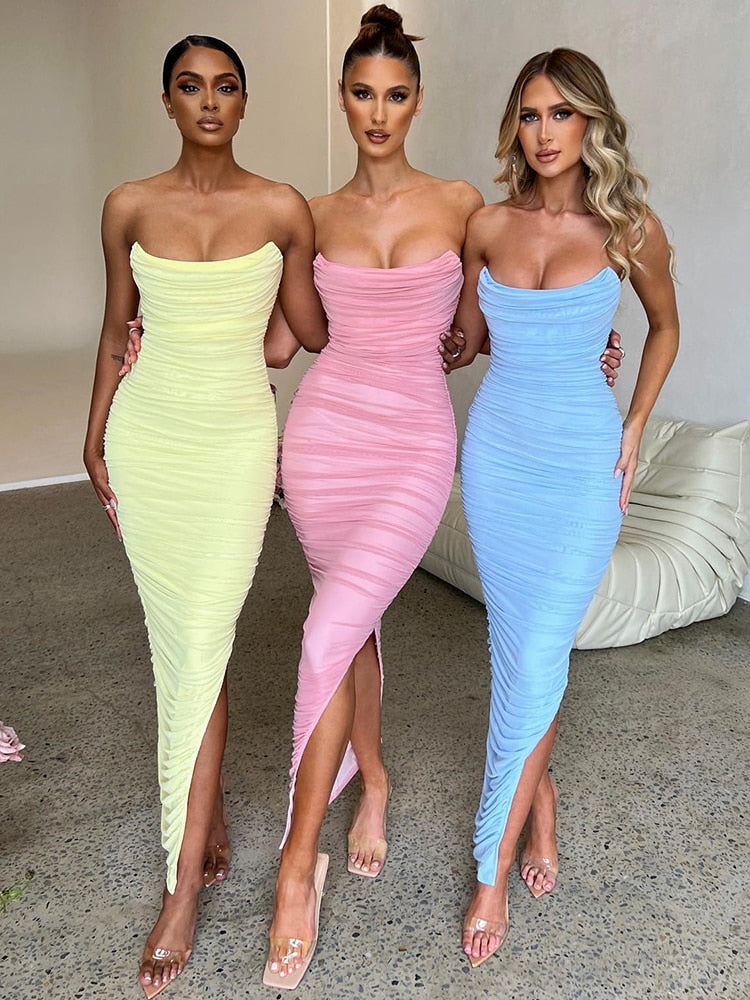 Women's Dress - Strapless - Elegant Ruched Design Midi