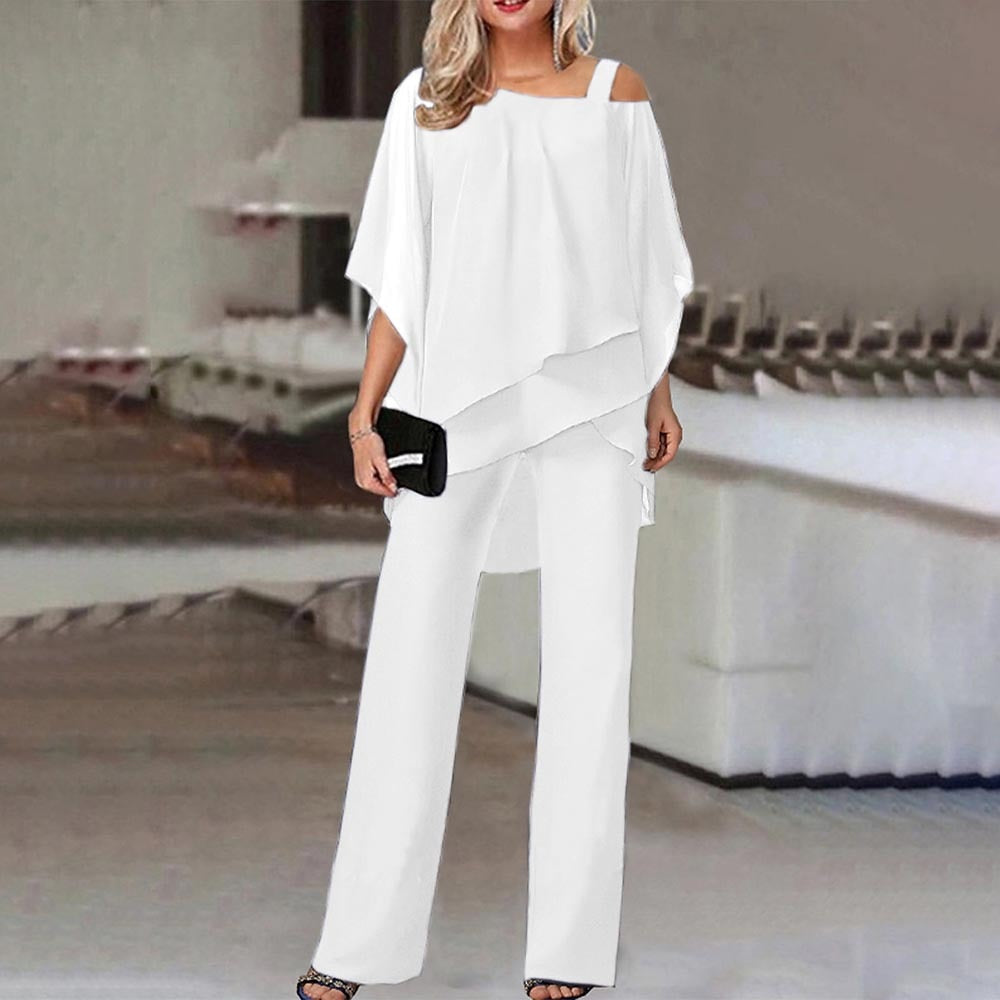 Women's Set - Poncho Top - Elegant Fluid Wide Pants
