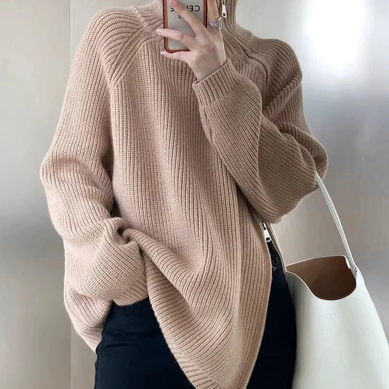 Women's Long Turtleneck Sweater with Zipper