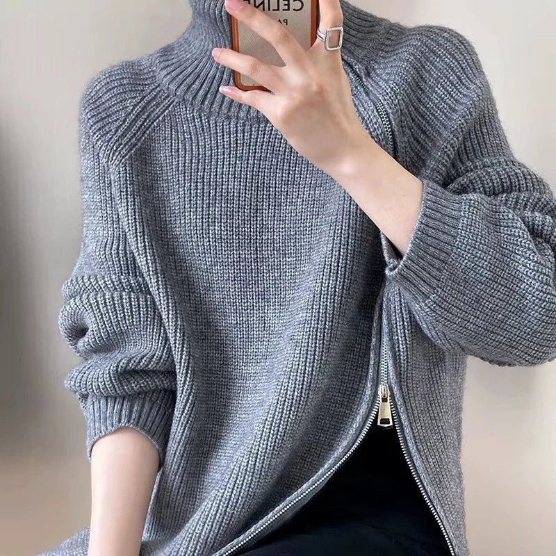 Women's Long Turtleneck Sweater with Zipper