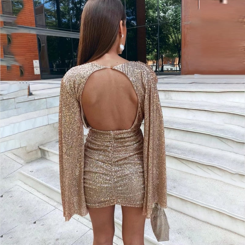 Women's Dress - Fitted Mini - V-Neck - Long Fluid Sleeves