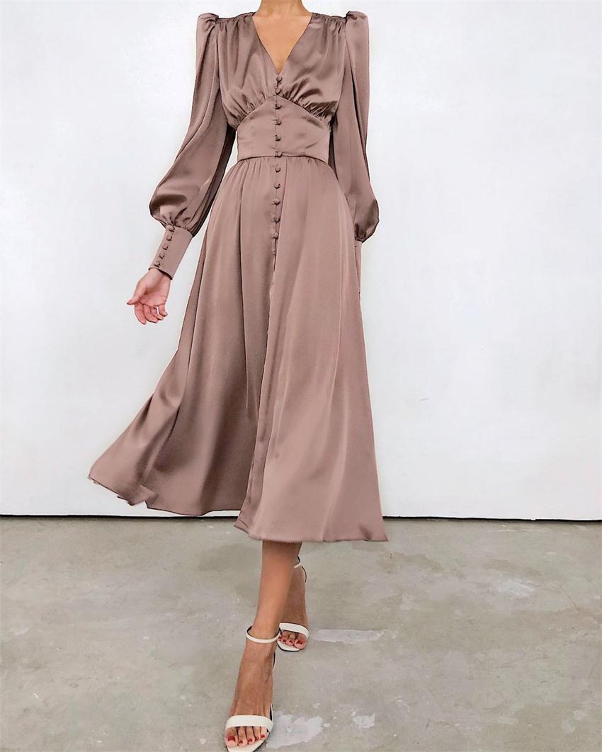 Midi Dress for Women - V-Neck Buttoned - Long Puff Sleeves