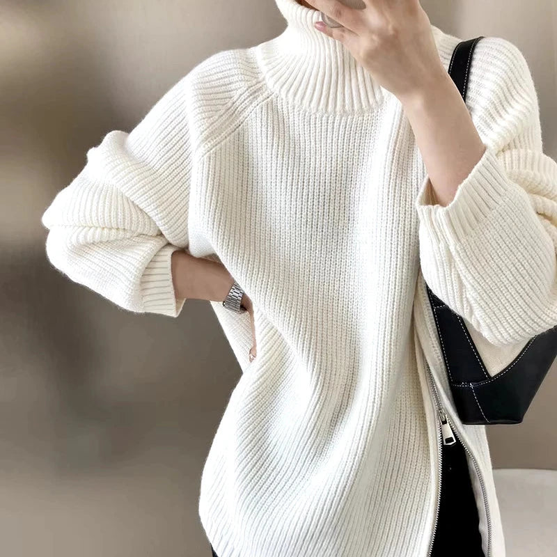 Women's Long Turtleneck Sweater with Zipper