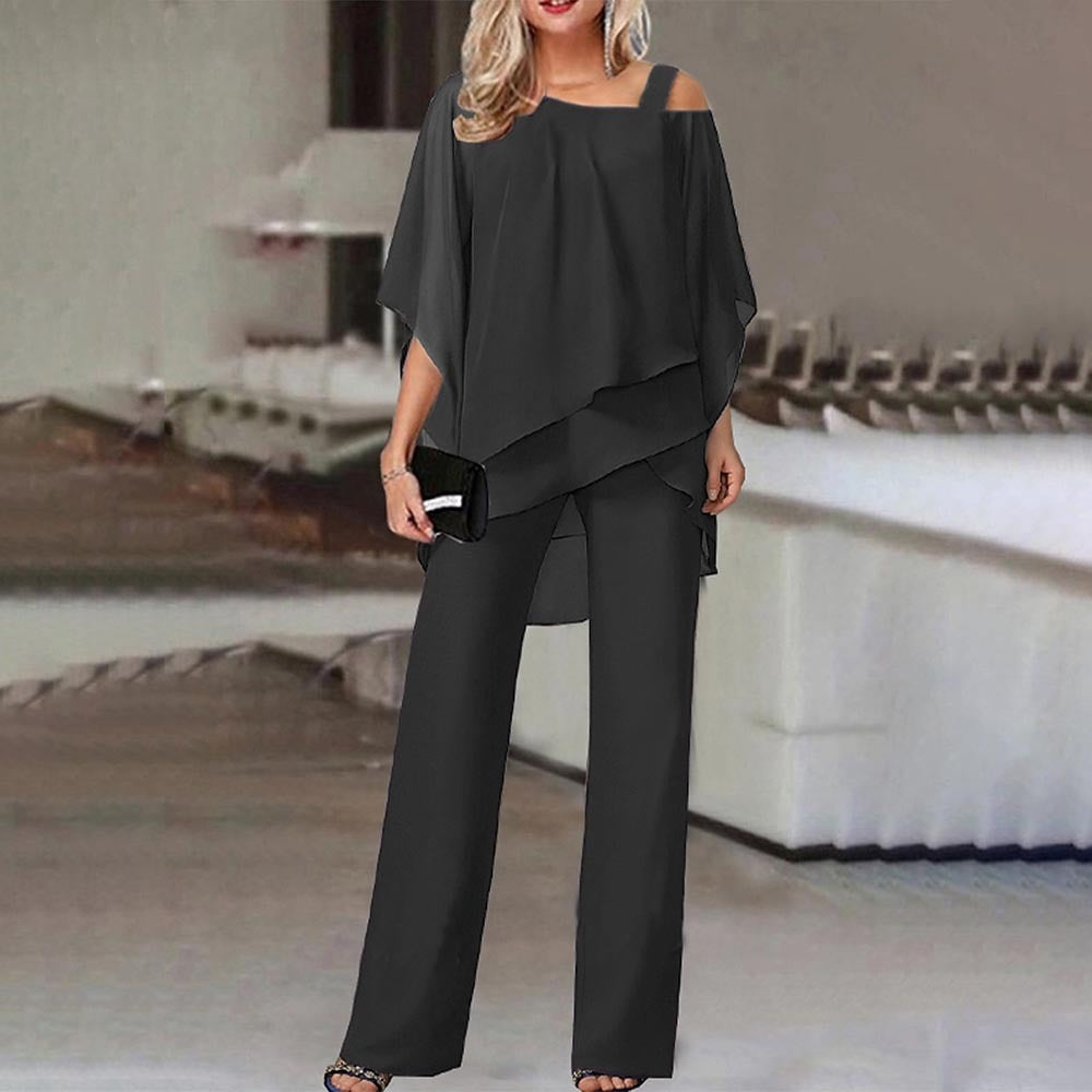 Women's Set - Poncho Top - Elegant Fluid Wide Pants