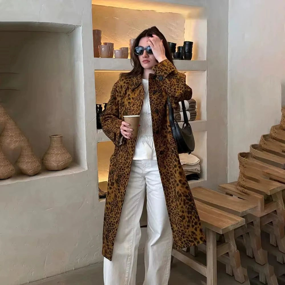 Mid-Length Women's Leopard Print Coat