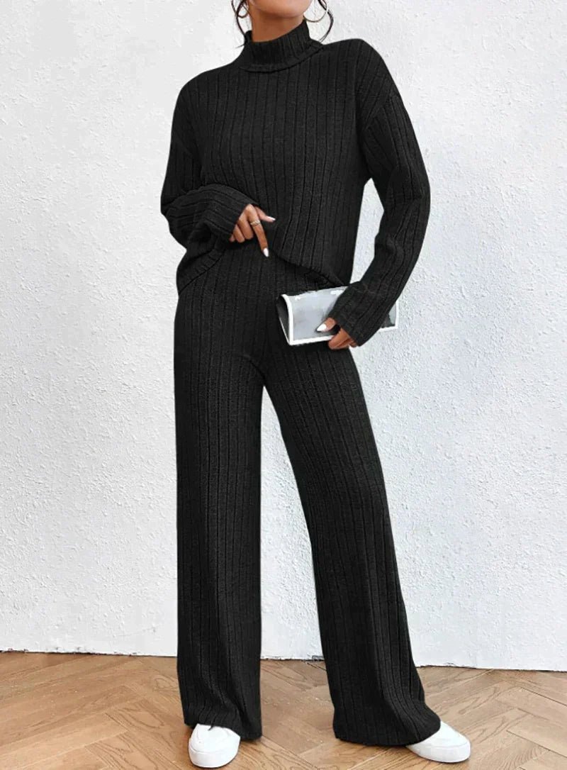 Women's Set - Ribbed Turtleneck Sweater & High-Waisted Wide Leg Pants