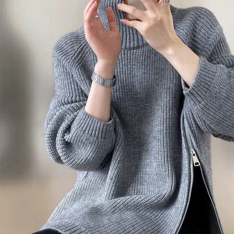 Women's Long Turtleneck Sweater with Zipper