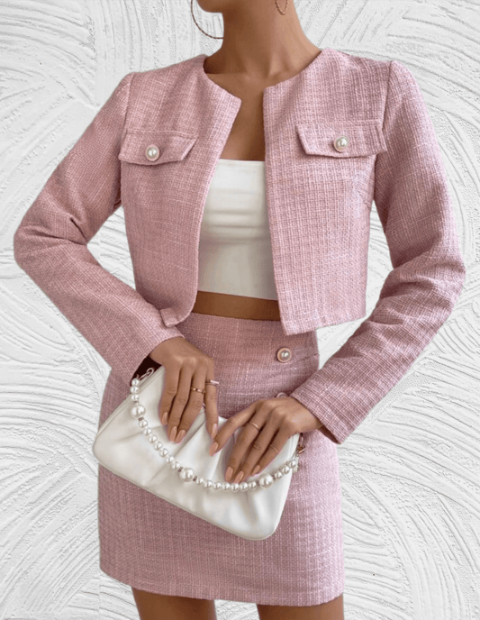 Conjunto Mujer - Chaqueta Corta de Tweed Ajustada y Falda Mini de Cintura Alta