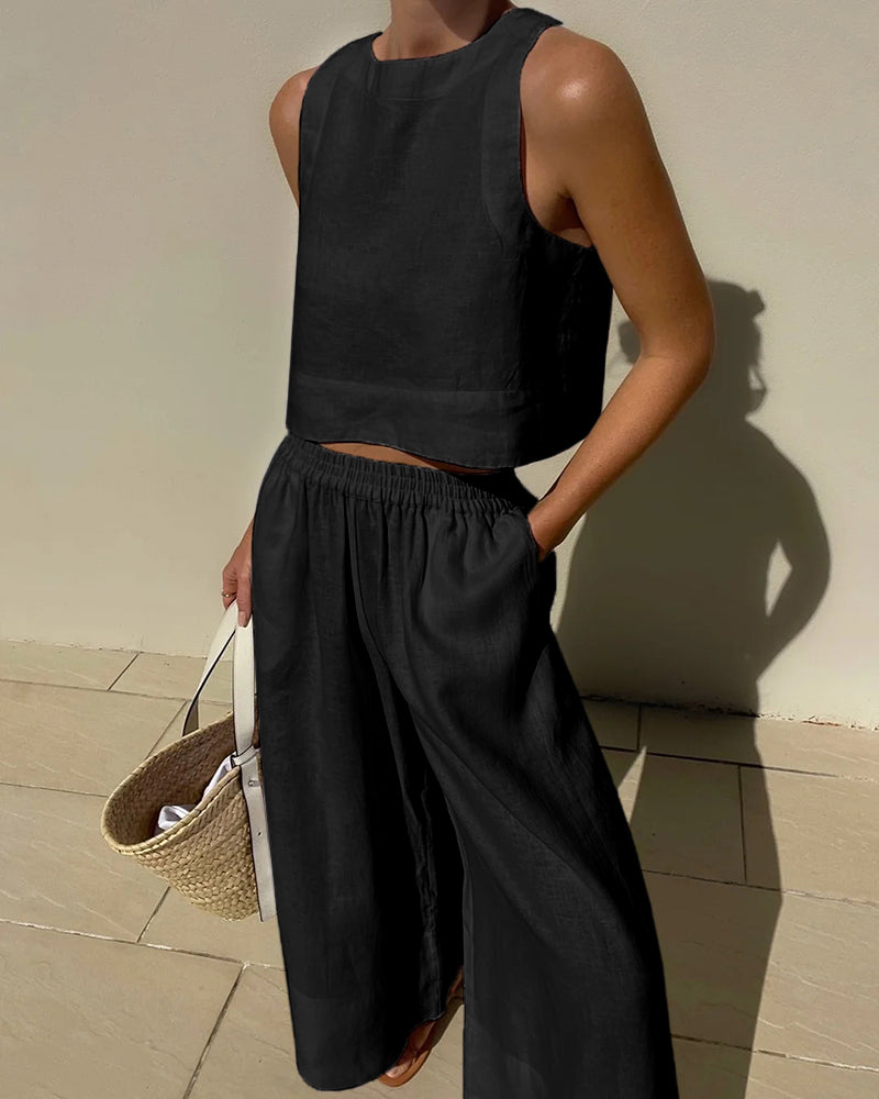 Women's Set – Sleeveless Crop Top & High-Waisted Pants