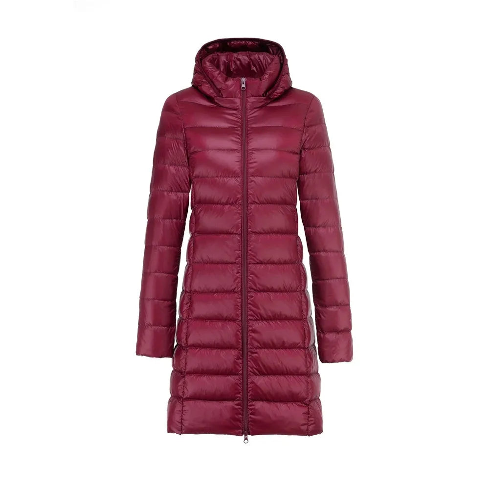 Sophie elegant long down jacket with removable hood