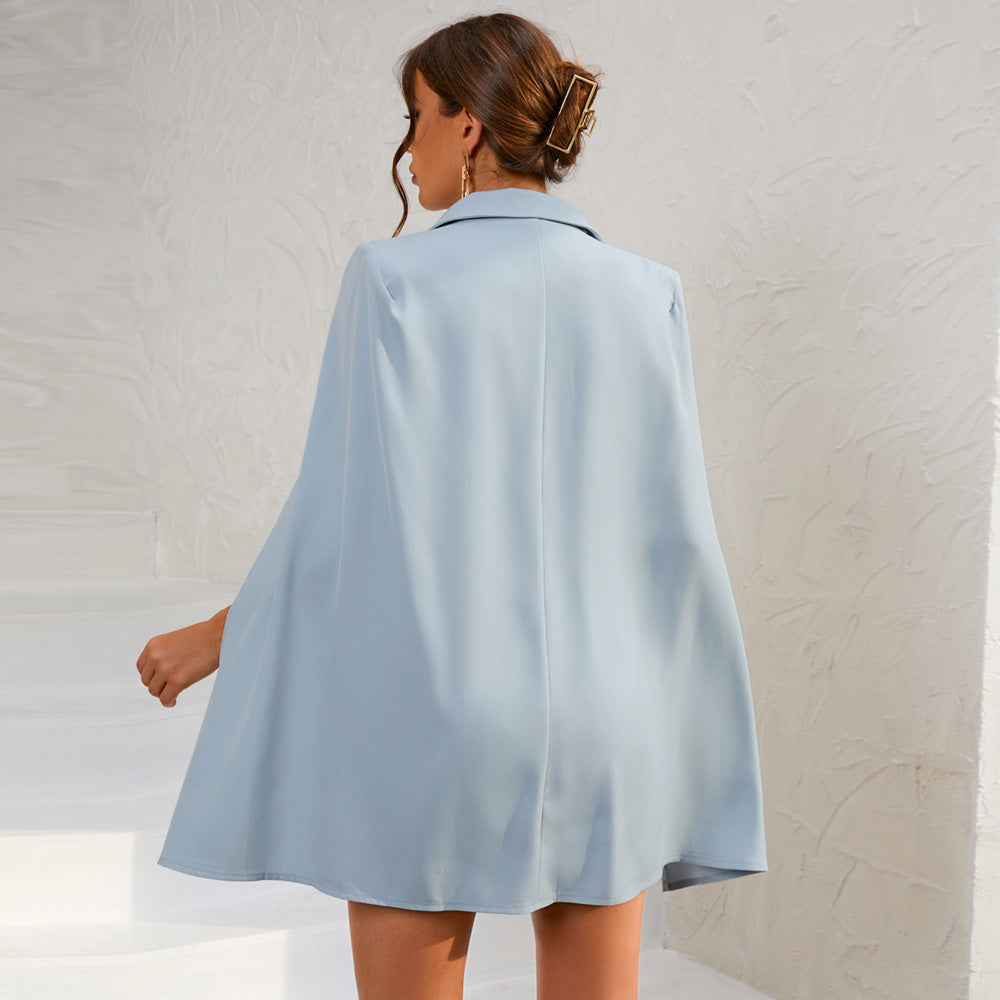 Women's Blazer Dress - Fitted Cut - Double-Breasted with Elegant Cape