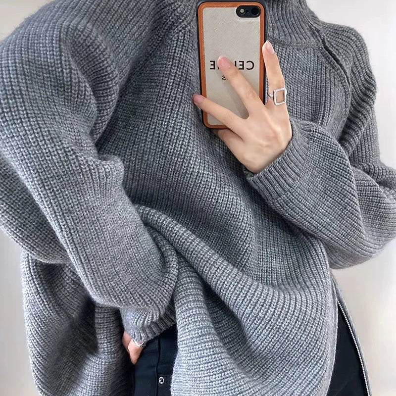 Women's Long Turtleneck Sweater with Zipper