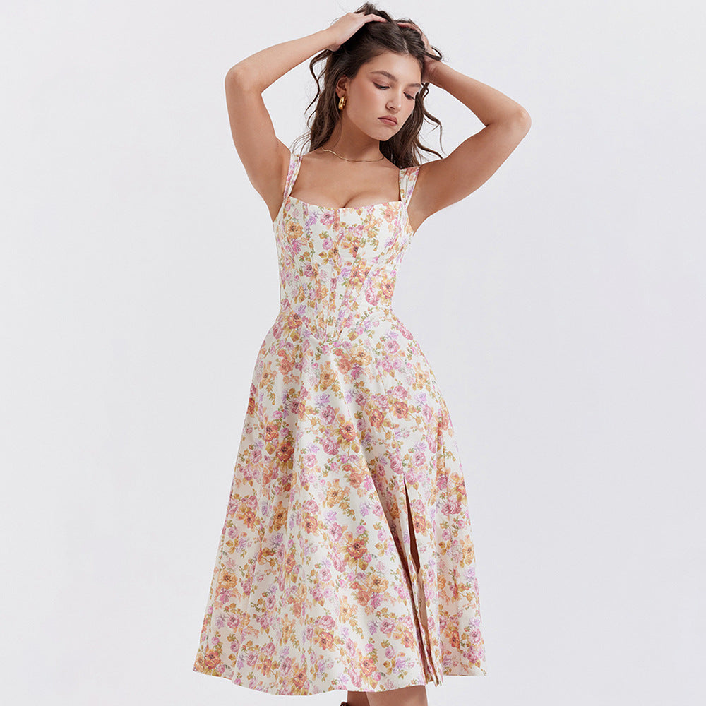 Women's Midi Dress – Fitted Flared Floral
