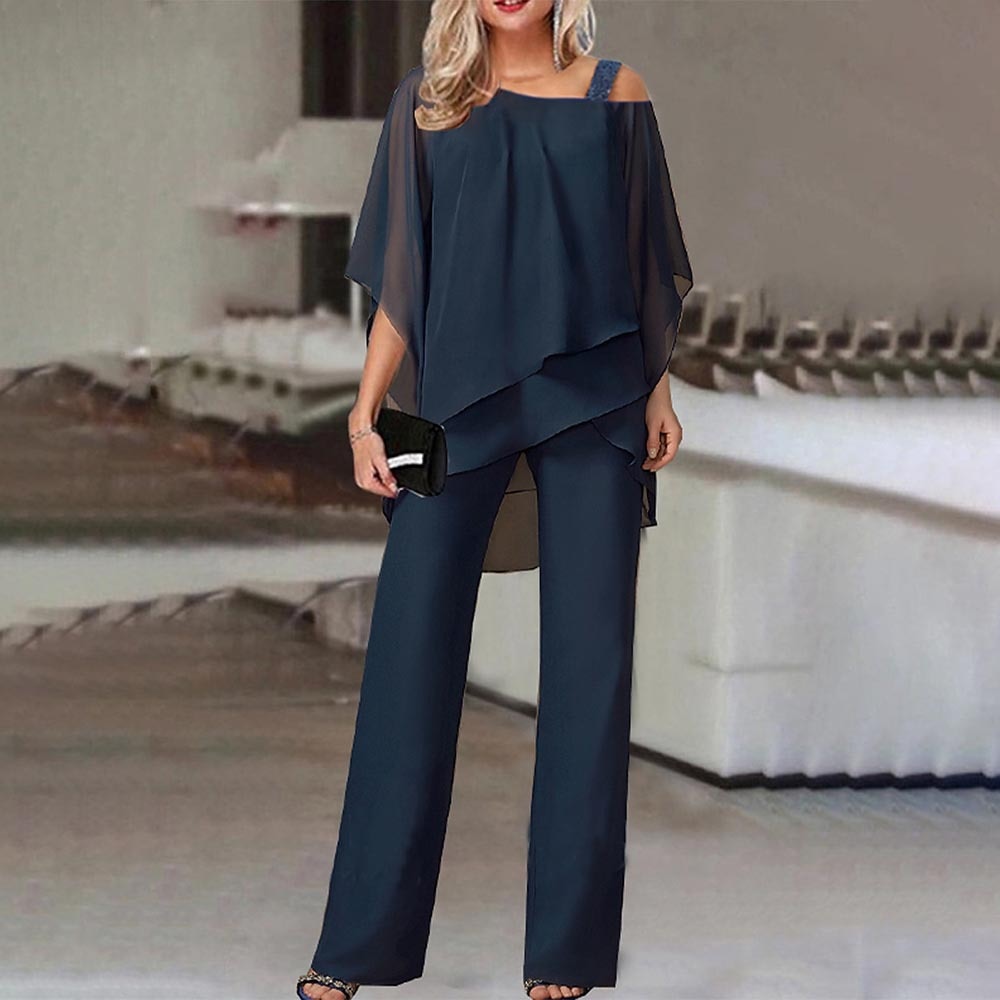 Women's Set - Poncho Top - Elegant Fluid Wide Pants