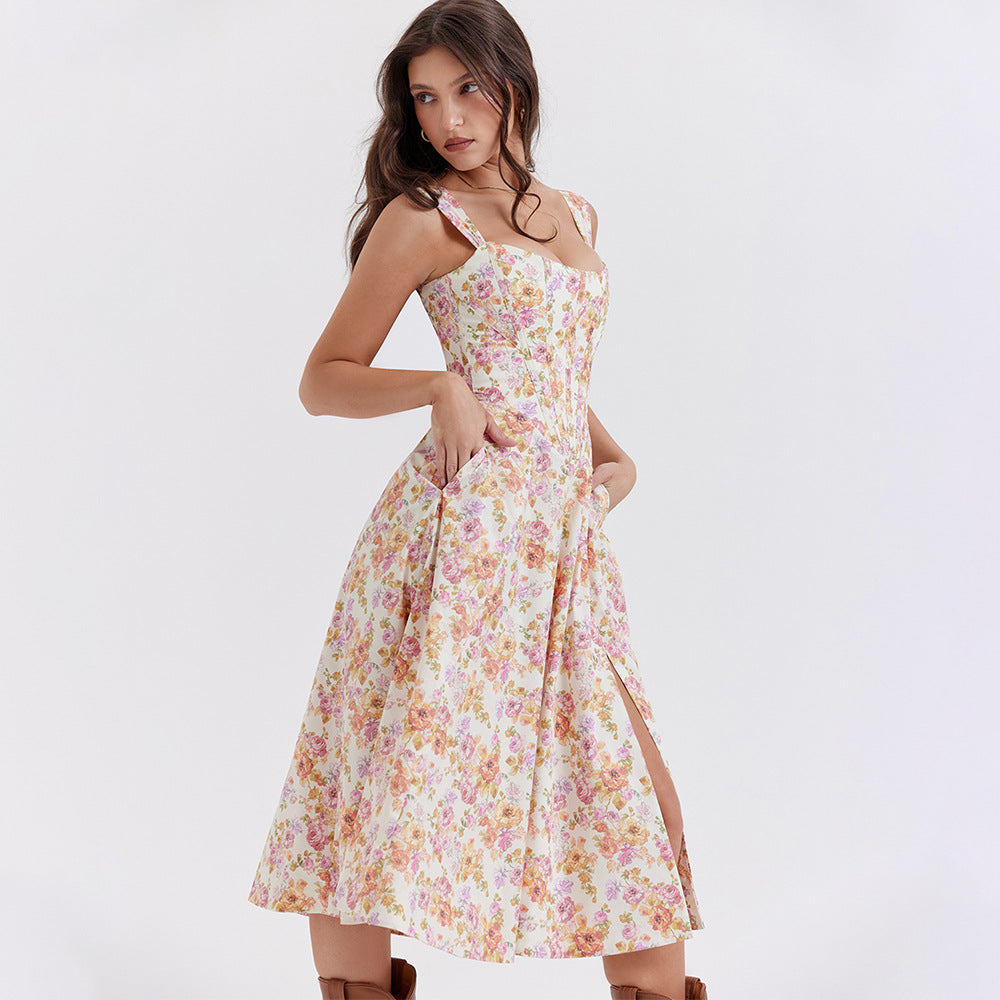 Women's Midi Dress – Fitted Flared Floral