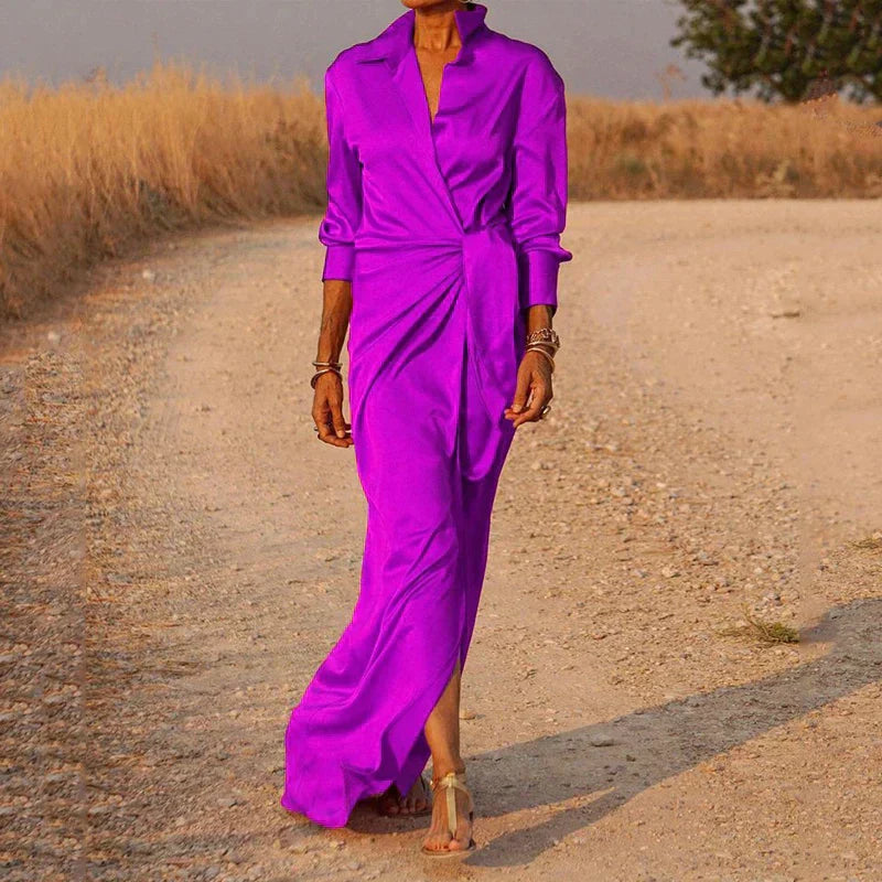 Long Dress for Women - Long Sleeves Satin