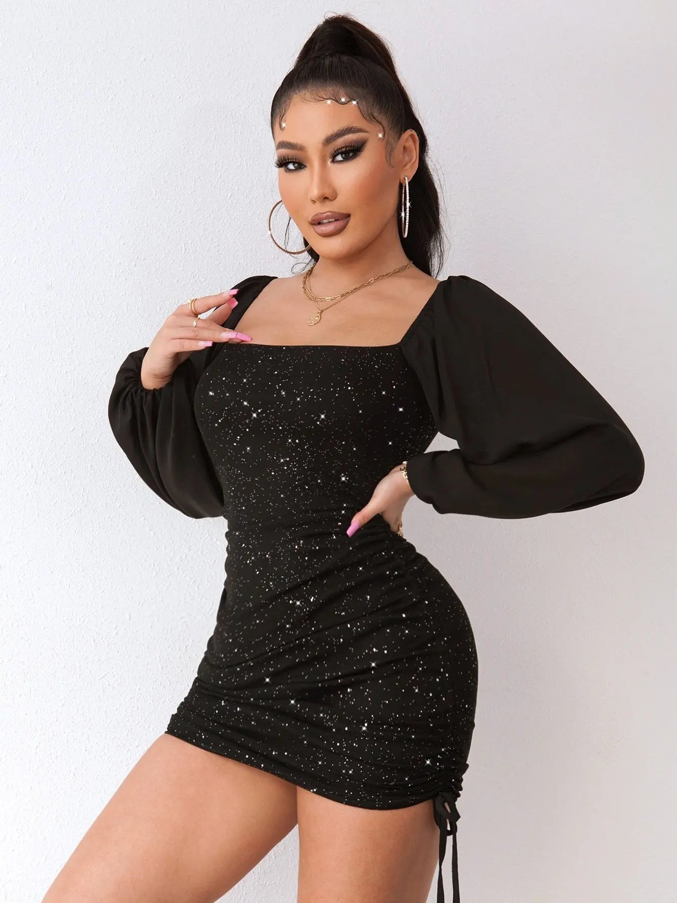 Fitted Dress for Women - Long Puff Sleeves