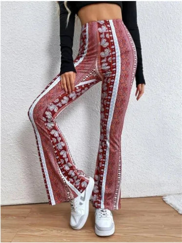 High Waist Flared Pants for Women – Retro Printed Style