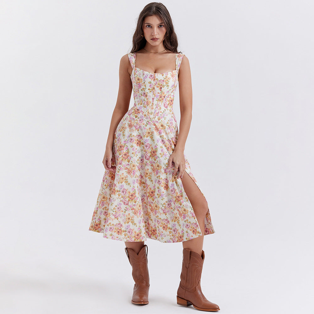 Women's Midi Dress – Fitted Flared Floral