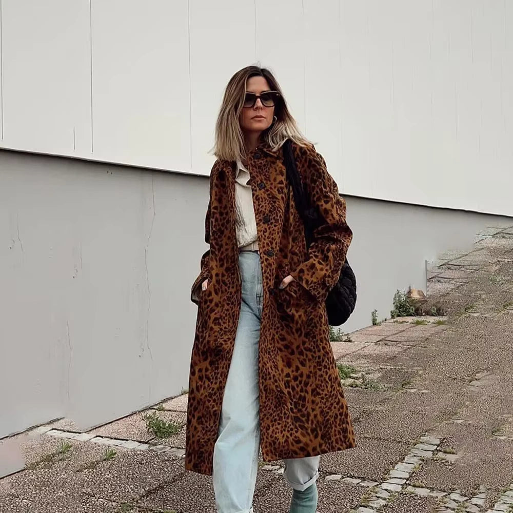 Mid-Length Women's Leopard Print Coat
