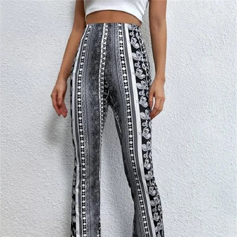 High Waist Flared Pants for Women – Retro Printed Style