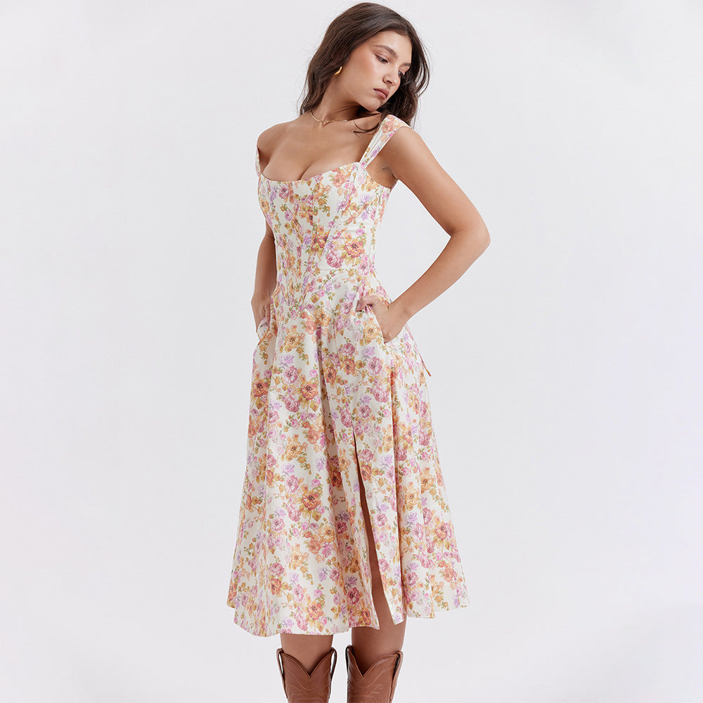 Women's Midi Dress – Fitted Flared Floral