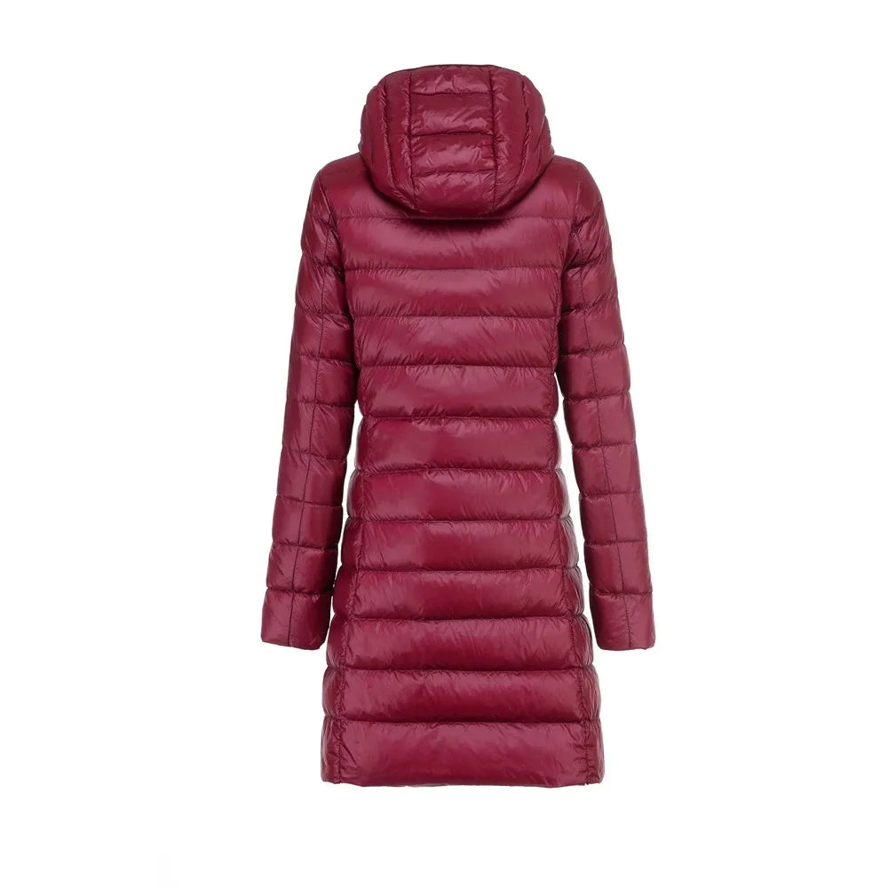 Sophie elegant long down jacket with removable hood