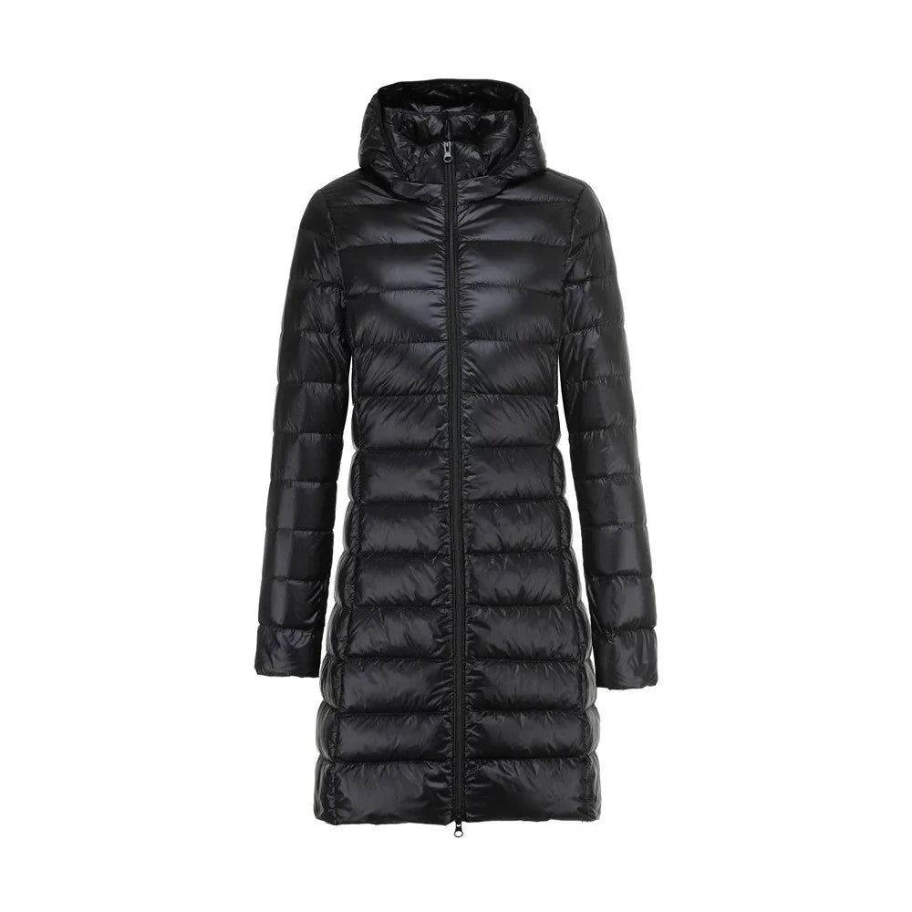 Sophie elegant long down jacket with removable hood