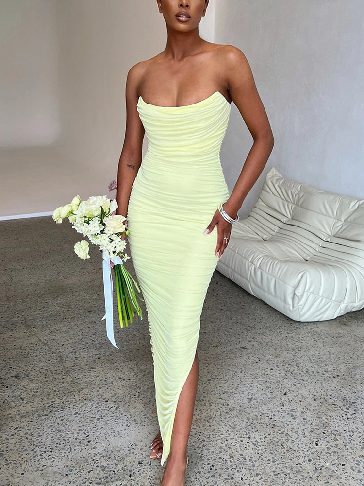 Women's Dress - Strapless - Elegant Ruched Design Midi