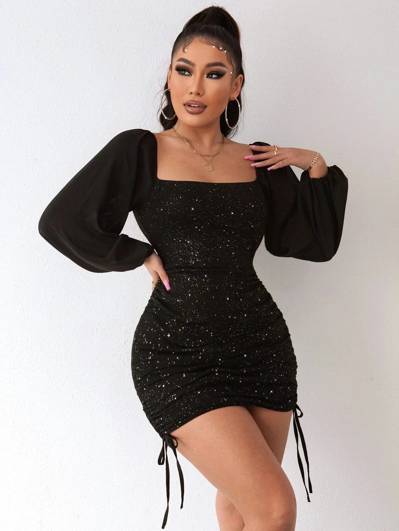 Fitted Dress for Women - Long Puff Sleeves