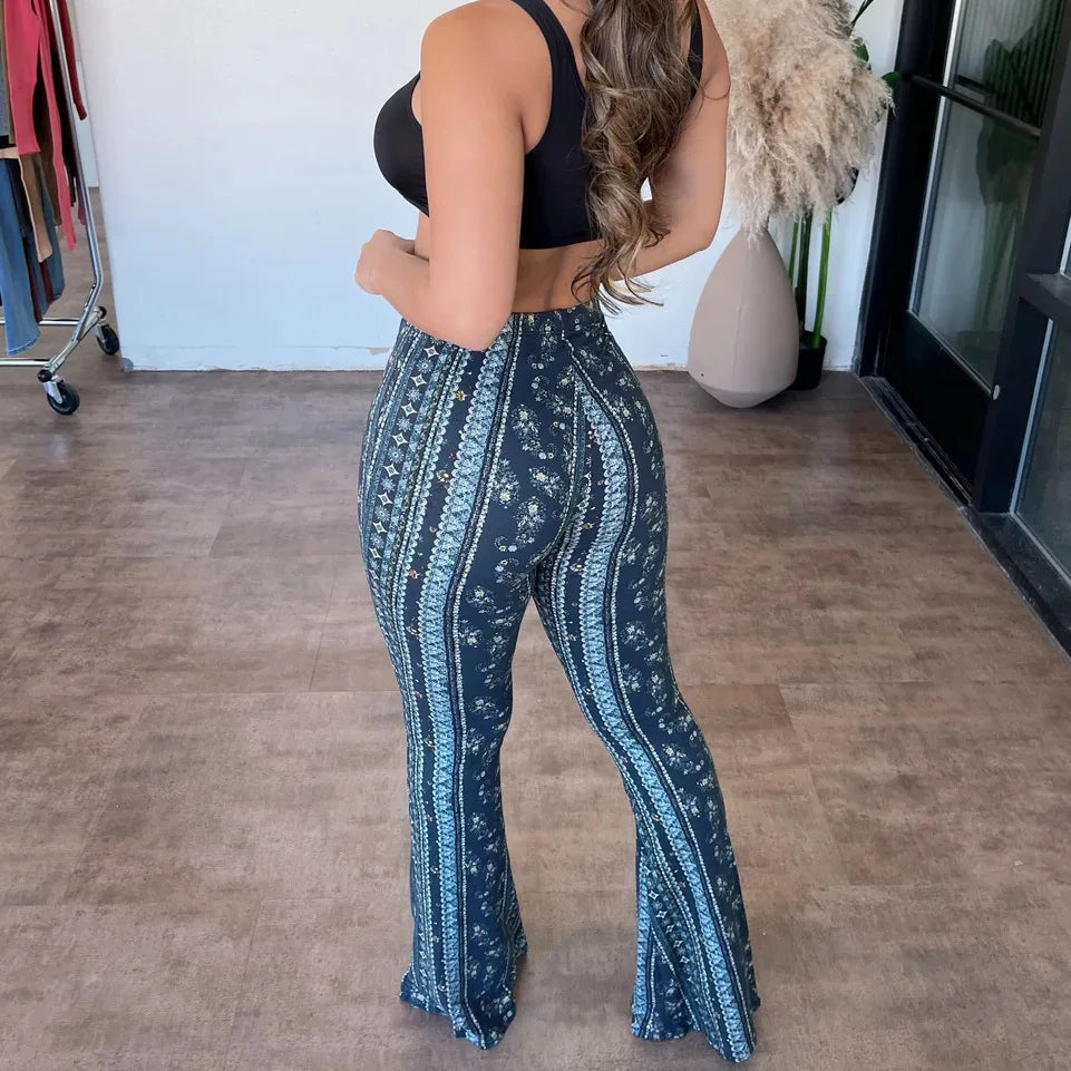 High Waist Flared Pants for Women – Retro Printed Style